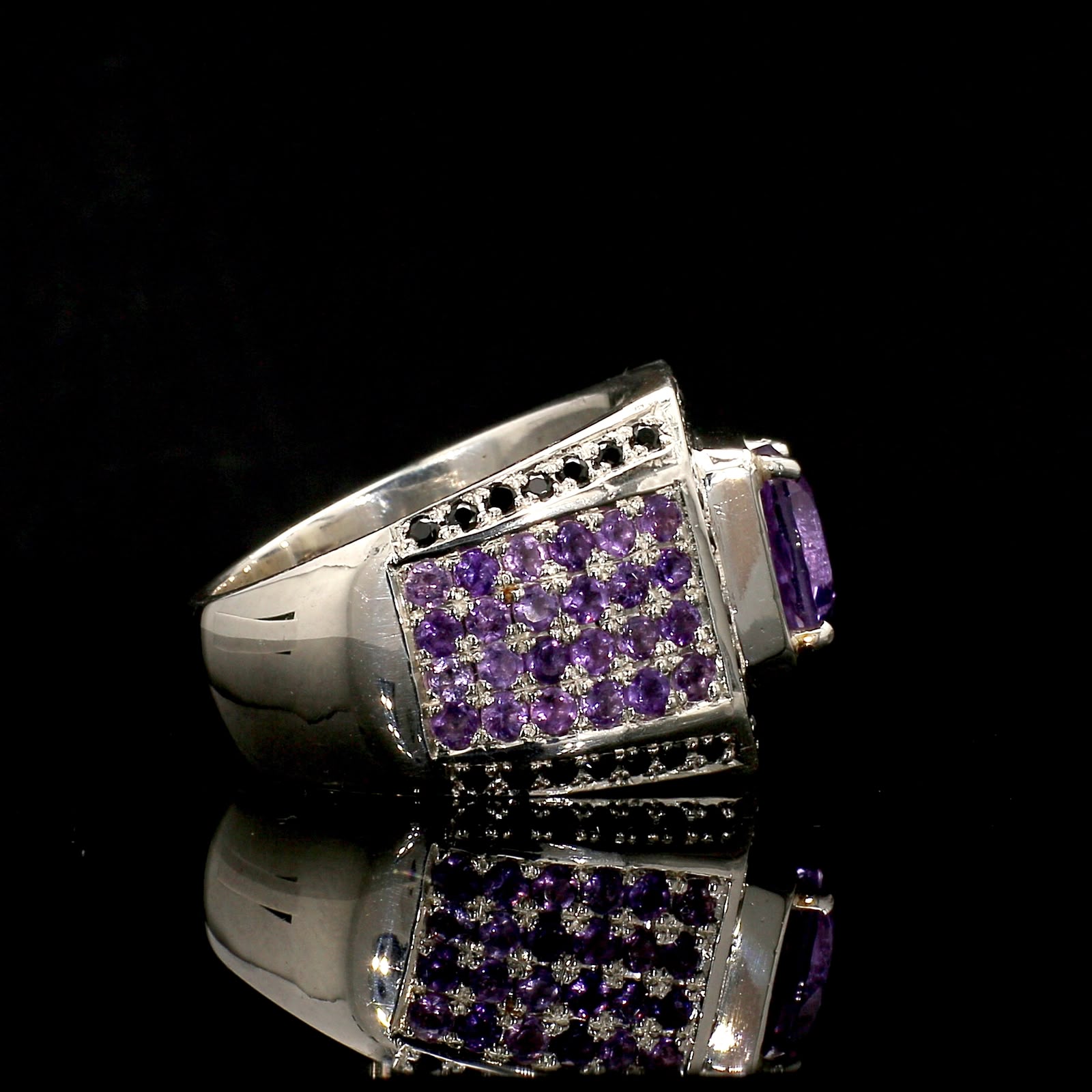 Amethyst and onyx mens Ring , view 3