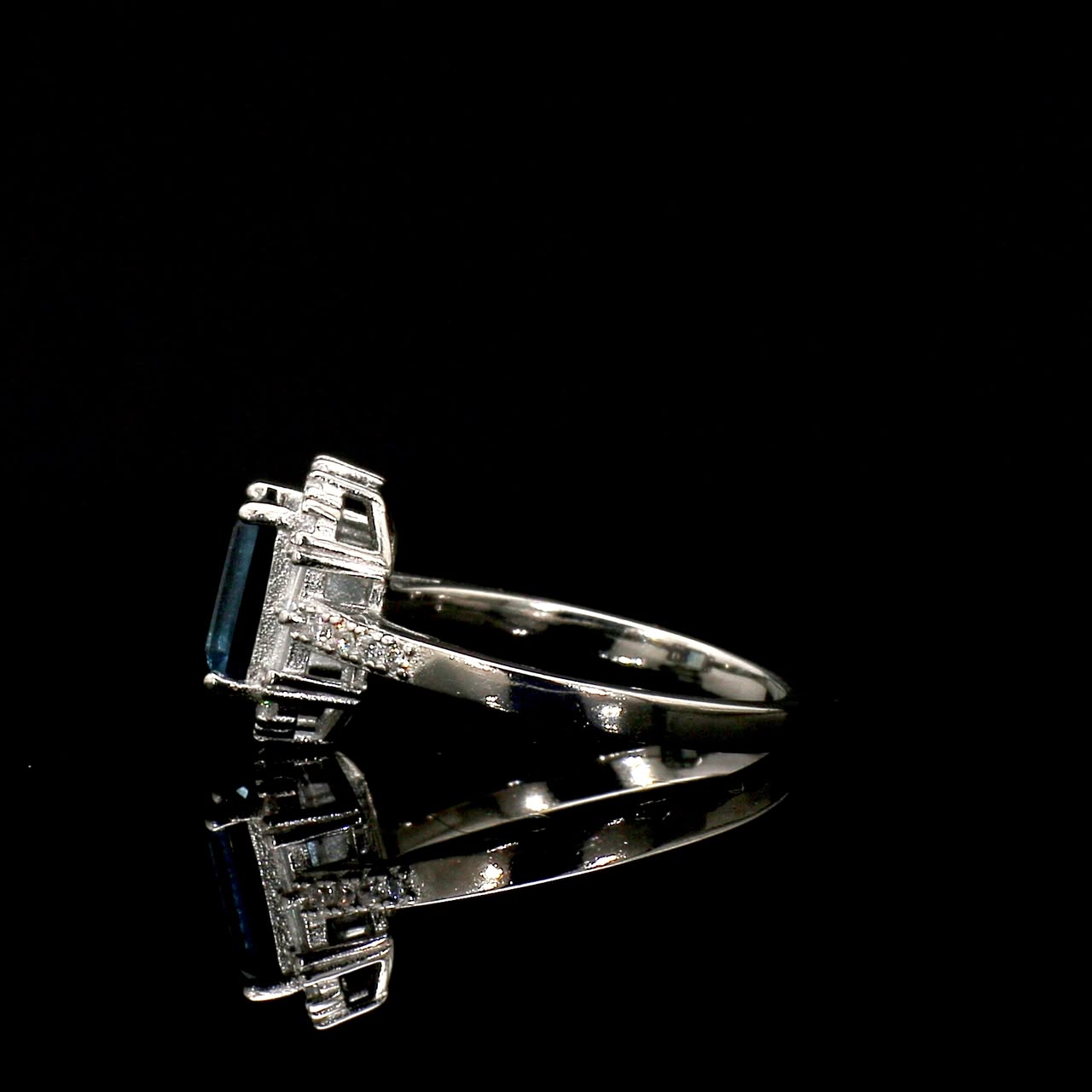 Emerald-Cut Blue Topaz Ring with Halo Setting, view 3